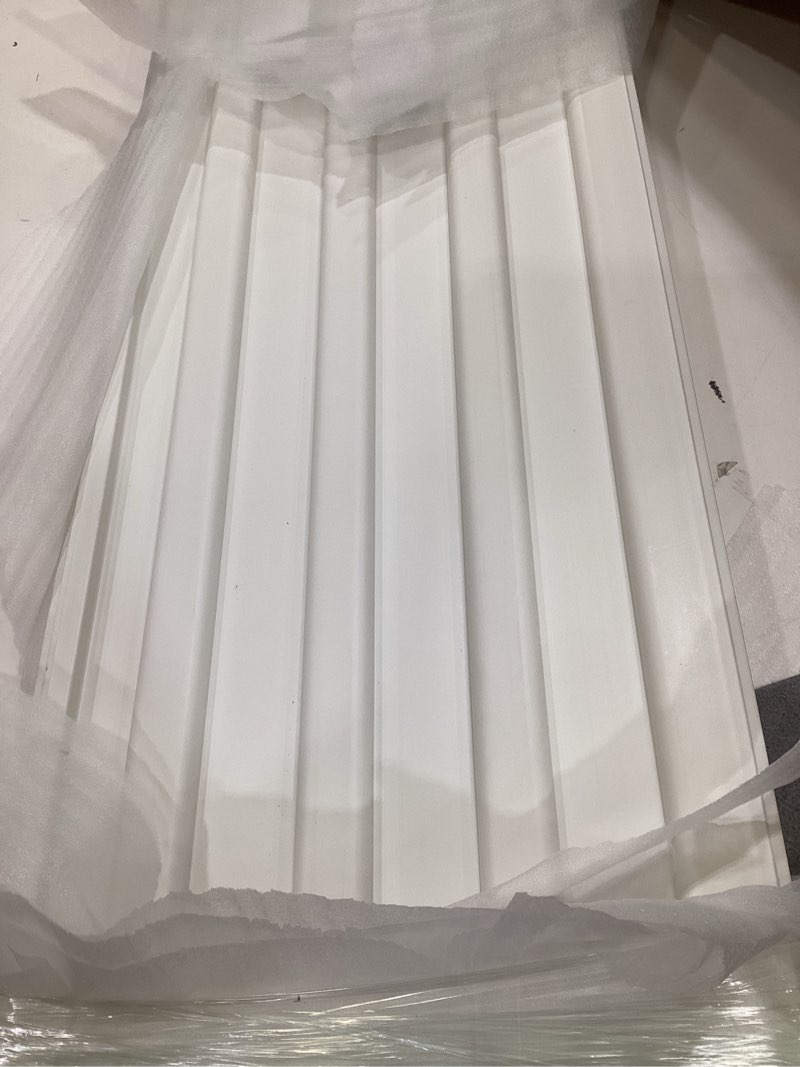 Condition photo showing As Is for heavy-duty slat wall paneling 4x2 ft, pvc slatwall panel garage wall organizer mounted storage system, easy-to-install adjustable, compatible with most accessories, for garage, home, store - white 1x4 ft