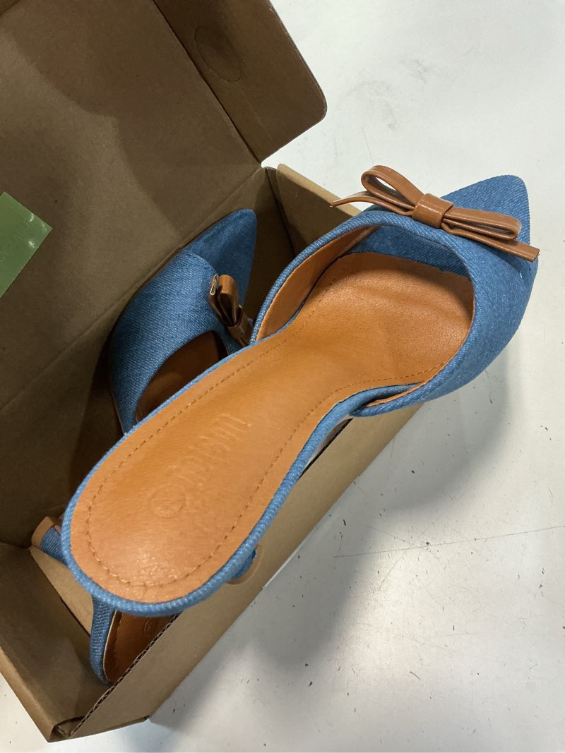Condition photo showing Good Condition for womens pointed open toe heeled sandals slip on high heels backless mules dress shoes 7.5 denim blue