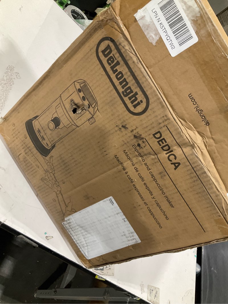 Condition photo showing As Is for De’Longhi Dedica Espresso Machine with Manual Milk Frother, 15-Bar Pump & Adjustable Tray - Home Barista Coffee Maker for Espresso, Latte, Cappuccino & Iced Coffee - Italian Stainless Steel Design Silver