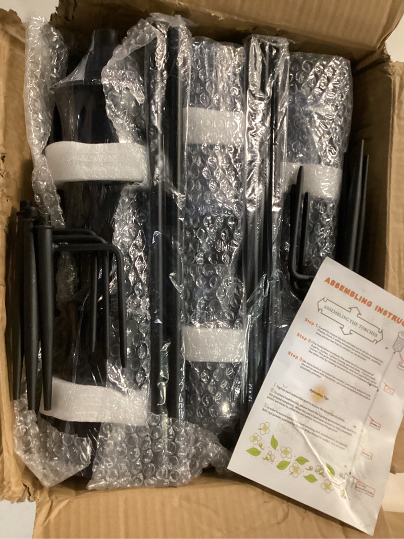 Condition photo showing New/Like New for citronella torches for outside set of 6, 16 oz outdoor torches with 3-prong grounded stake, 59 inch metal torch for garden décor, outside torches for backyard, garden, patio (black