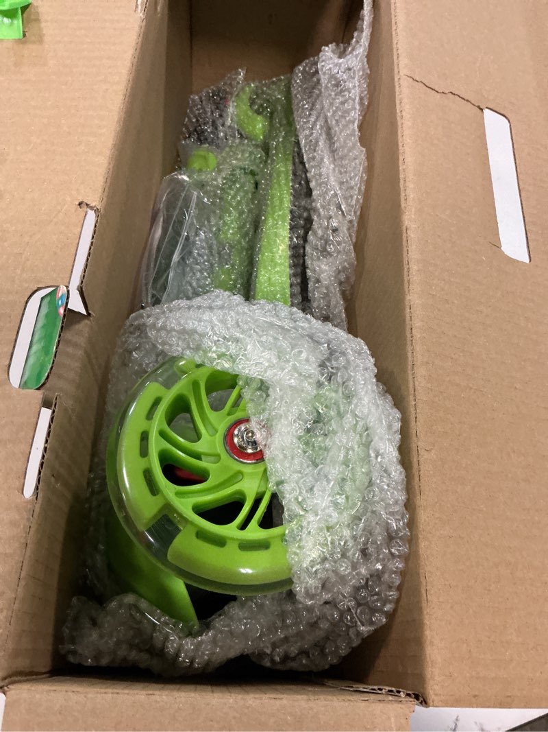 Condition photo showing Good Condition for green mini 3 wheel scooter for kids – lean-to-steer with led light-up wheels, adjustable handlebar, wide anti-slip deck, smooth pu wheels, rear foot brake – toddler scooter for ages 2+