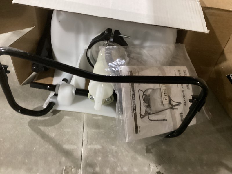 Condition photo showing As Is for chapin 60114 backpack sprayer, 4?gallon pump sprayer, translucent poly tank, 3?stage filtration, adjustable poly cone nozzle & 20" wand for lawn & garden weed, pest & fertilizer applications