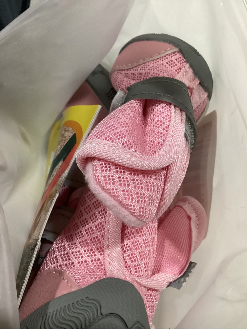 Condition photo showing New/Like New for QUMY 4PCS Dog Shoes for Small Dogs, Hot Pavement Summer Puppy Dog Boots & Paw Protectors with Soft Anti-Slip Rubber Sole, Mesh Breathable Dog Booties for Hardfloors, Walking Running Pink Size 4 Pink size 4: 1.89"x1.51"(L*W)