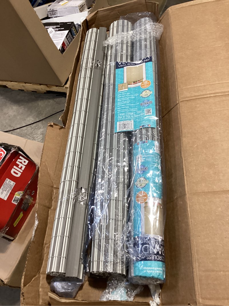 Condition photo showing Good Condition for veranda charcoal/silver cordless light filtering vinyl roll-up blind with 1/4 in. oval slats 36 in. w x 72 in. l