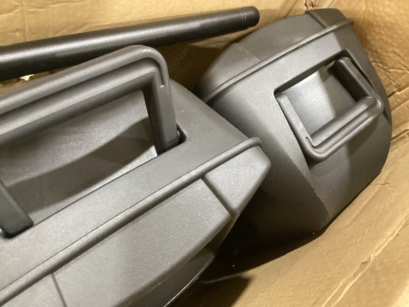 Condition photo showing As Is for qfx pbx-800tws 8-inch tws bluetooth stereo pa system with 2 8" speakers, 2 microphones, 2 stands, and a remote control