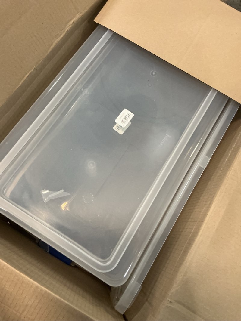 Condition photo showing Good Condition for homz 2-pack latching lid, clear plastic storage organizer bins, 112 quart, blue latch - stackable organizing containers for home, garage, and office blue 112 qt (2 pack)