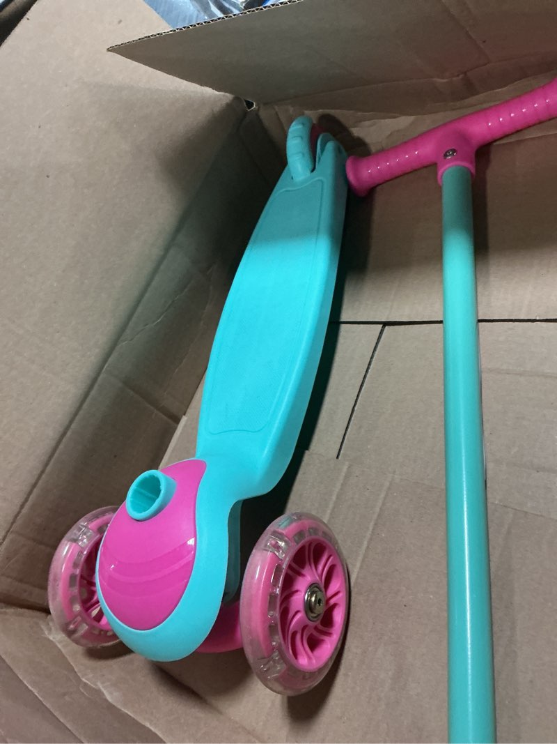 Condition photo showing As Is for outdoor cruiser 3-wheel kids scooter – with lean-to-steer technology, led lighted wheel, 4-level adjustable height t-bar handle, support kids up to 150 lbs, for boys & girls ages 3-8, aqua and orange