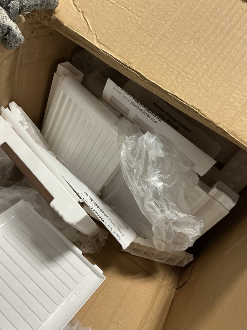 Condition photo showing Good Condition for 5 Drawers Slim Bathroom Storage Cabinet Dresser, Narrow Plastic Rolling Cart Organizer with Drawers, for Small Spaces, Kitchen, Laundry, Office, Bedroom, White White 7.5"x16.5"xx35.8"(5-Drawer)