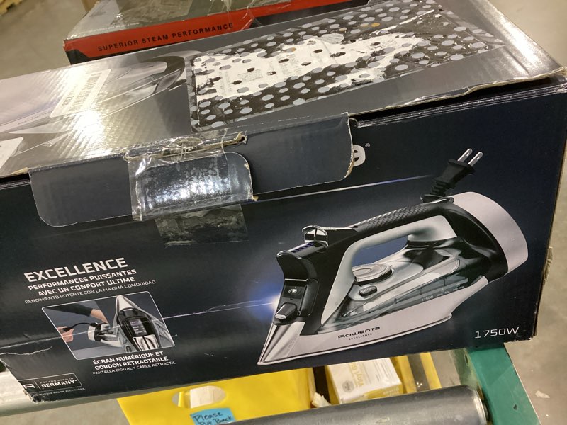 Condition photo showing As Is for Rowenta Iron, Focus Excellence Stainless Steel Soleplate Steam Iron for Clothes, Retractable Cord, 400+ Microsteam Holes, Powerful steam, LED Display, 1750 W Ironing Clothes, Cordreel, Red DW5433 Powerful Steam Boost - Retractable Cord