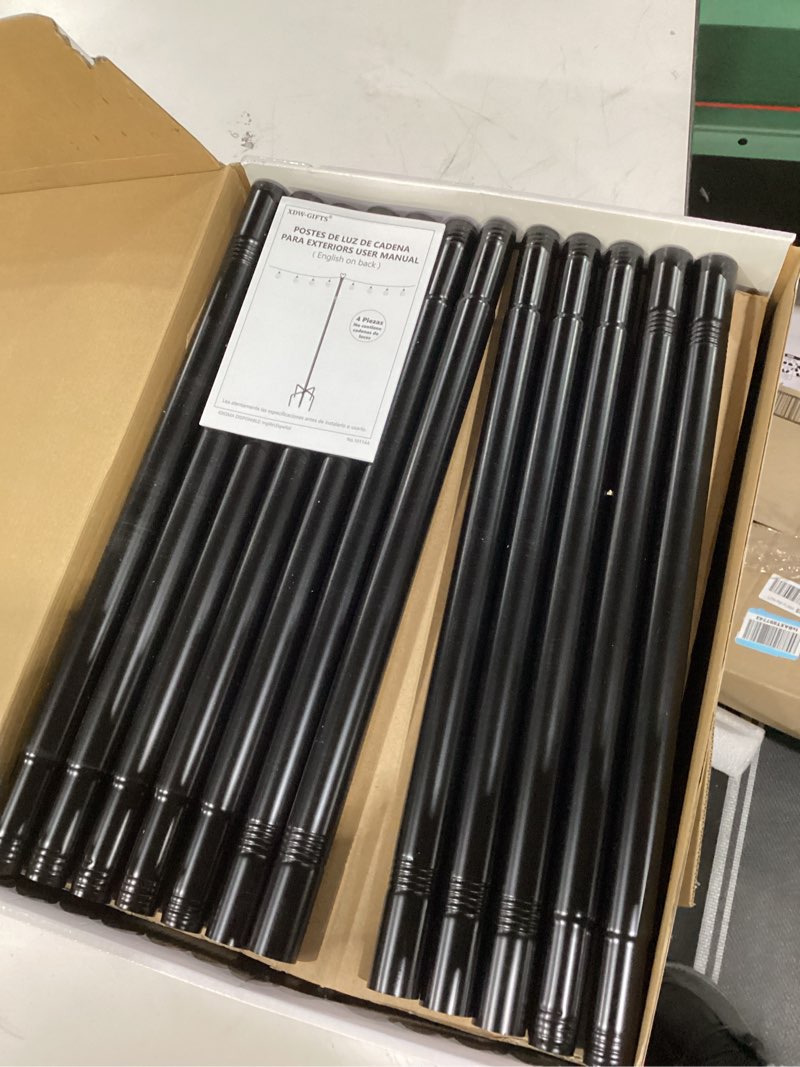 Condition photo showing New/Like New for Ottsuls 4 Pack 1.37 Ft Freestanding Outdoor Suspension String Light Poles with Fixing Clamp, Holder, and Light Post Mounting Stand, for Patio Fence Wall Garden Deck Bistro Backyard