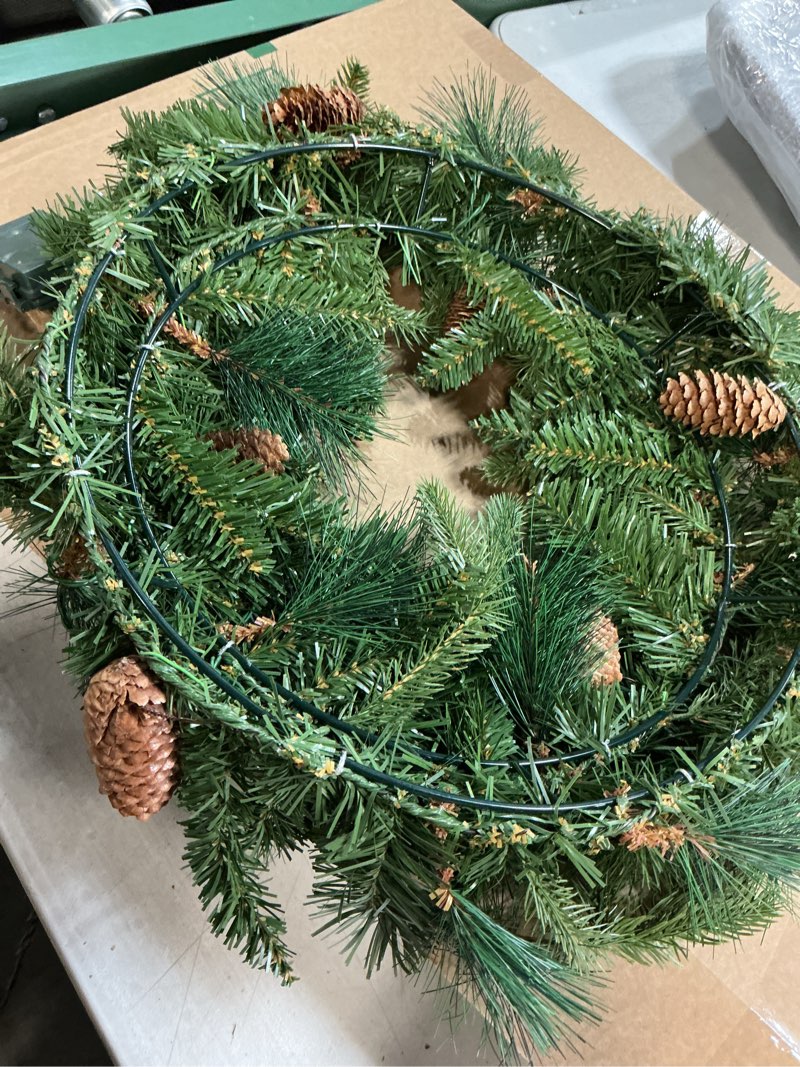 Condition photo showing As Is for Nearly Natural 24in. Mixed Pine Artificial Christmas Wreath with 35 Clear LED Lights and Pinecones