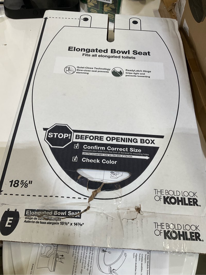 Condition photo showing As Is for kohler 4636-rl-0 cachet readylatch elongated toilet seat slow close, soft close toilet seat quiet lid, contoured grip-tight bumpers installation hardware, apartment essentials, white white elongated ready latch
