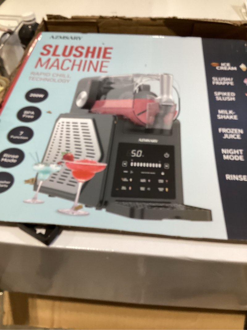 Condition photo showing New/Like New for slushie machine, 85oz ice cream machine & slushy machine for home, with led display, 6 preset programs for margaritas, frappés, milkshakes, and soft serve, automatic cleaning, no ice needed black