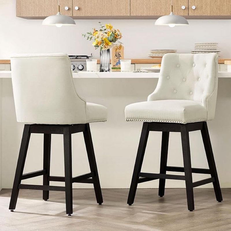 DlandHome Swivel Counter Height Bar Stools Set of 2, 26" PU Leather Upholstered Bar Chair with Back and Solid Wood Bar Stools for Kitchen Island Counter white