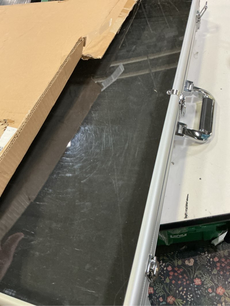 Condition photo showing As Is for 34 in x 22 in silver card show display case large aluminum, trading card display case suitable for sports card/tcg/jewelry collection, 1-year coverage silver 34"x22"
