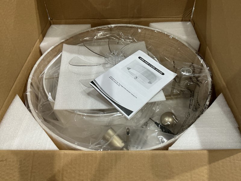 Condition photo showing New/Like New for flush mount ceiling fan with lights, 20" caged boho ceiling fan with light remote control, low profile bladeless with 6 speeds, drum rattan fabric for bedroom, nursery, dining room, living room fabric boho