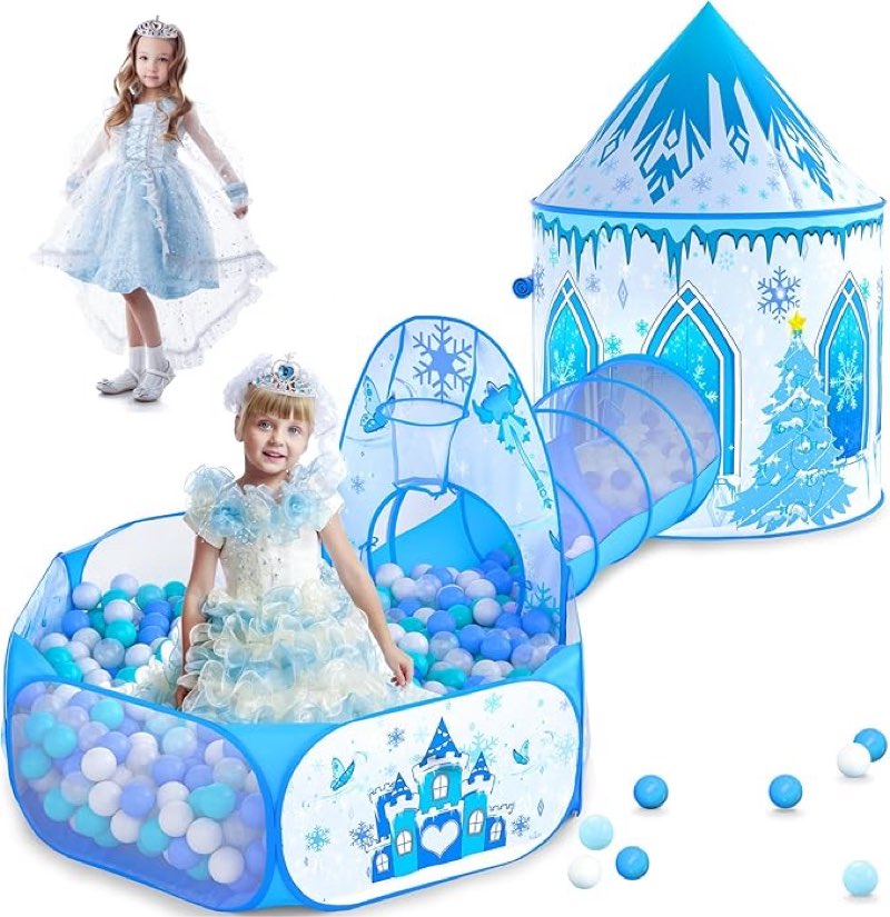 3 in 1 girls frozen play tent for kids: pop up baby playhouse with toddlers crawl tunnel, ball pit and princess castle tent - children play tent frozen toys indoor and outdoor game for birthday gift