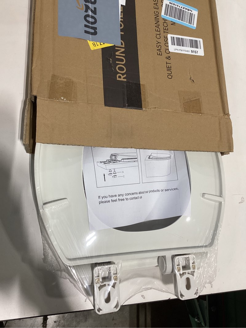 Condition photo showing New/Like New for toilet seat, round toilet seat with slow close hinges, never loosen, easy installation and cleaning, for most standard round toilet seats(16.5"), two sets of parts, durable plastic