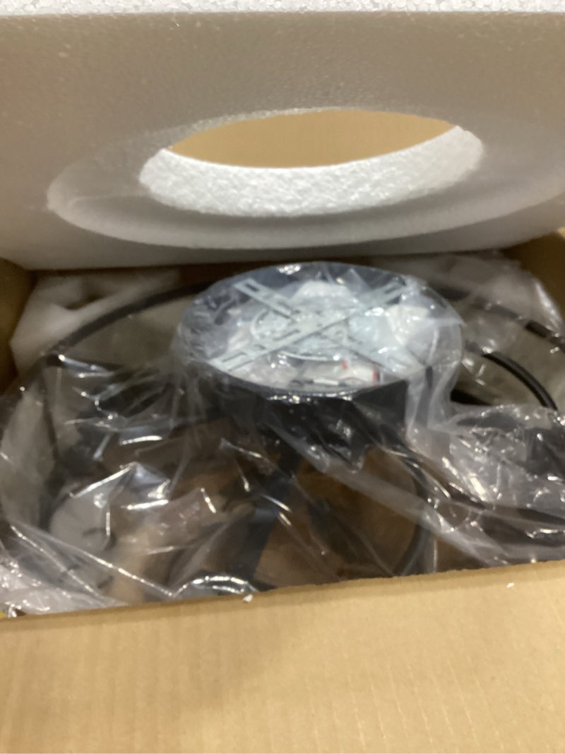 Condition photo showing Good Condition for 20 Inch Caged Ceiling Fans with Lights Flush Mount,Low Profile Fabric Farmhouse Bladeless Ceiling Fan with Remote, Farmhouse White Ceiling Fan for Bedroom,6 Speeds Reversible Silent Fandalier Black And White