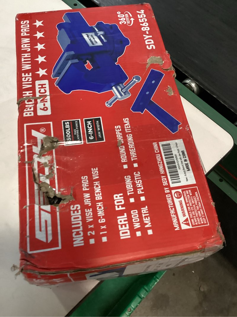 Condition photo showing New/Like New for 6-inch bench vise with jaw pads, heavy duty workbench vise with anvil, 360° swivel locking base, 4500 lbs clamping force bench vice for woodworking, drilling, pipe cutting 6" new version + magnetic pads