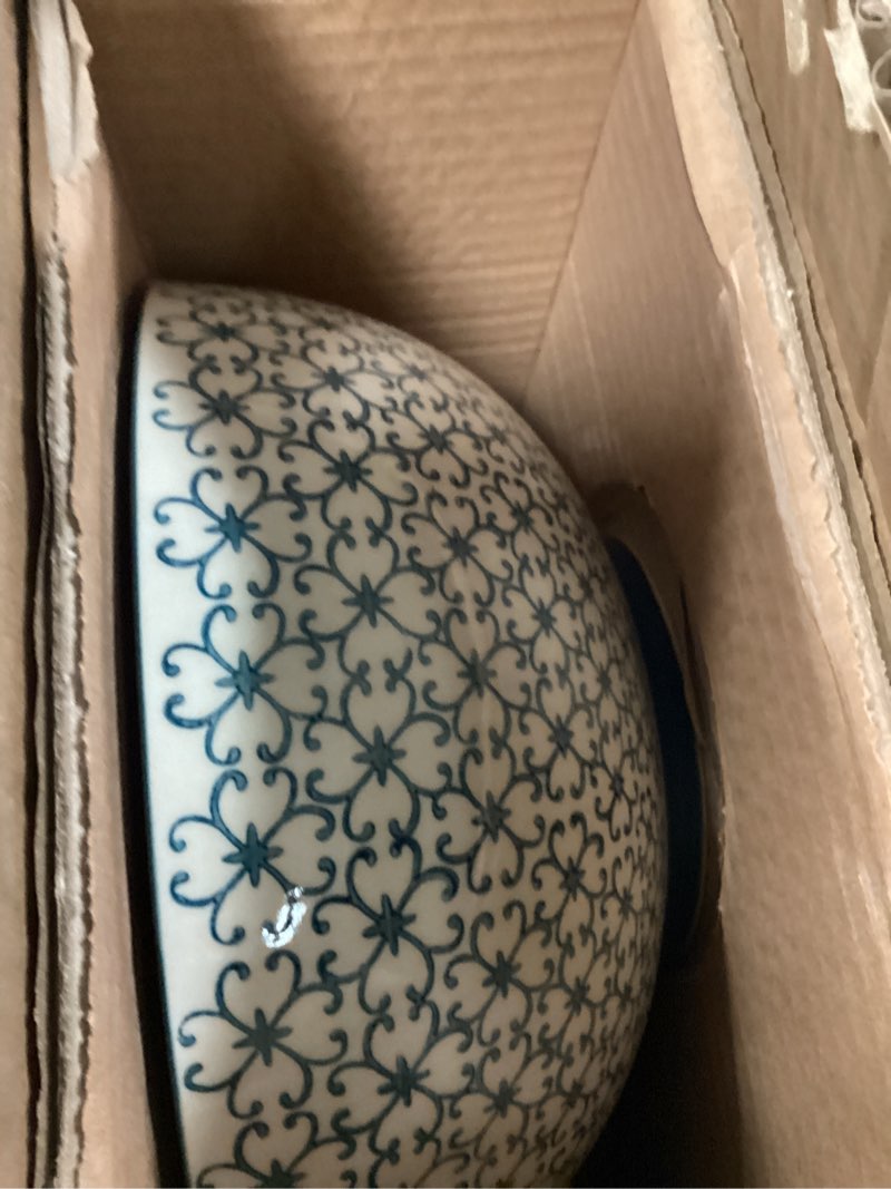 Condition photo showing New/Like New for nordring salat bowl kristina with pattern, dia 9.25 inch h 4 inch, blue, stoneware, handmade stamp decor