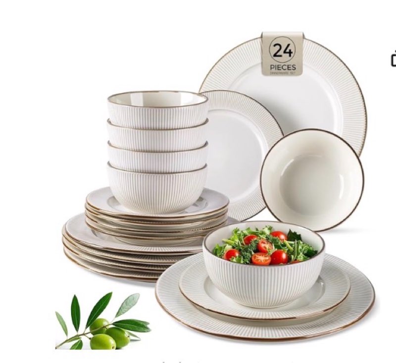 GBHOME Ceramic Dinnerware Sets, 24 pcs Embossed Elegant Stoneware Plates and Bowls Sets, Housewarming Wedding Gift | Dishwasher & Microwave Safe | Dishes Set Service for 8