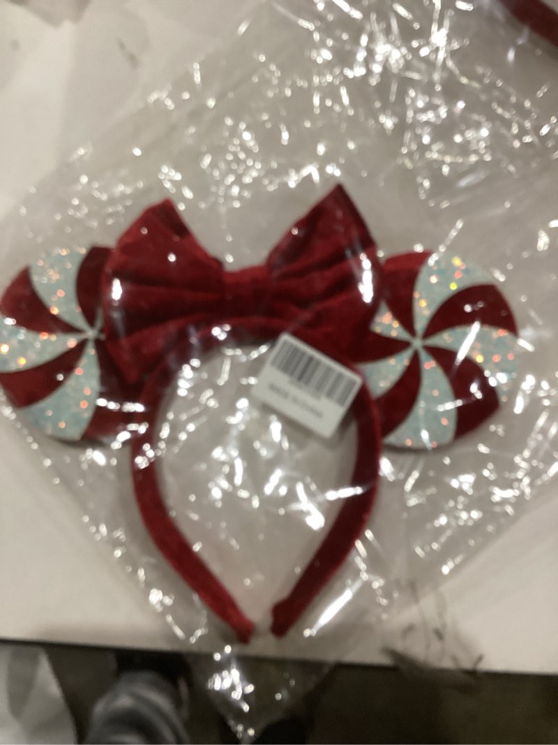 Condition photo showing As Is for Christmas Mouse Ears Headband for Women Peppermint Candy Hairband Red Bow Hair Hoop Headpiece for Party Favors