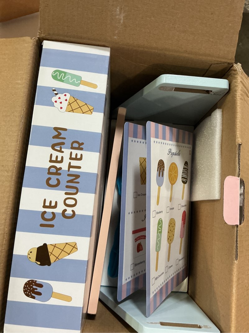Condition photo showing Good Condition for ehome wooden ice cream toys set pretend play food store for kids serve ice cream counter shop kitchen playset with lucky wheel, scoop, menu, fake money for boys and girls ages 3 4 5 6 birthday gift