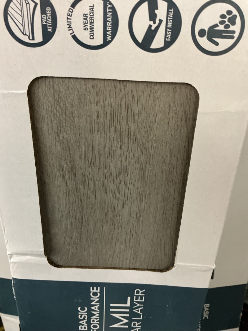 Condition photo showing As Is for style selections slate oak gray 6-mil x 6-in w x 36-in l waterproof interlocking luxury vinyl plank flooring (22.17-sq ft/ carton)