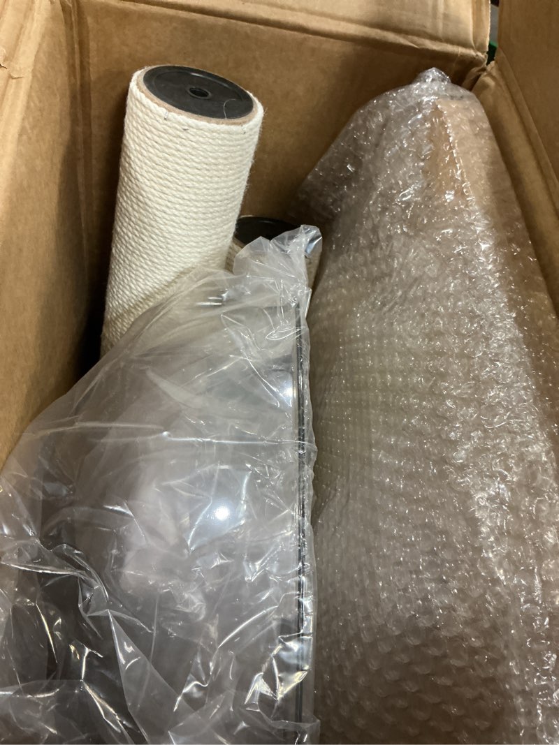Condition photo showing New/Like New for hittite solid wood cat tree tower with scratching post, 38.5 inches tall cat towers with scratching board and scratcher ball, modern cat tower with space capsule and removable top bed for indoor cats. white plush cat bed
