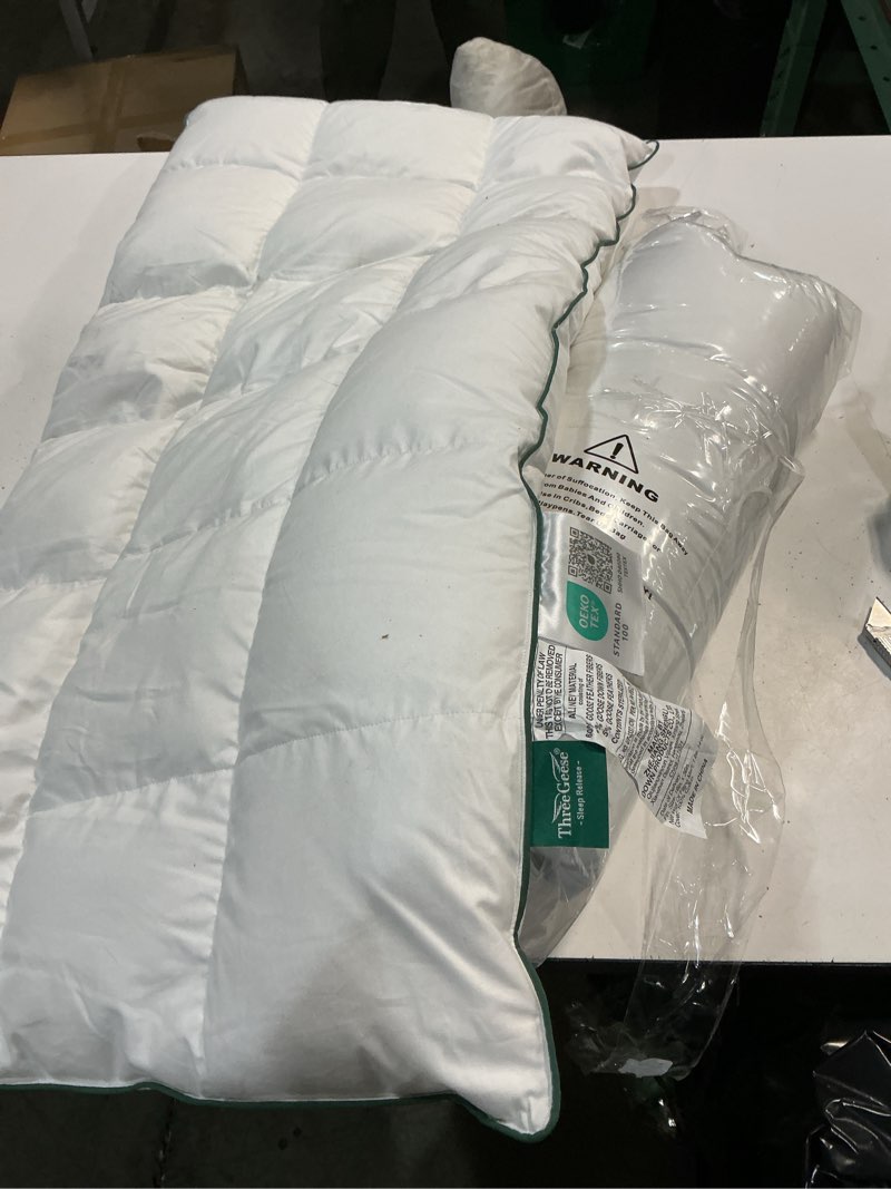 Condition photo showing Good Condition for three geese ultra thin flat goose down feather pillows for sleeping king size set of 2, 2.5" height, 100% cotton cover, ultra slim hotel collection bed pillow for stomach, back sleeper, 18x36 in.