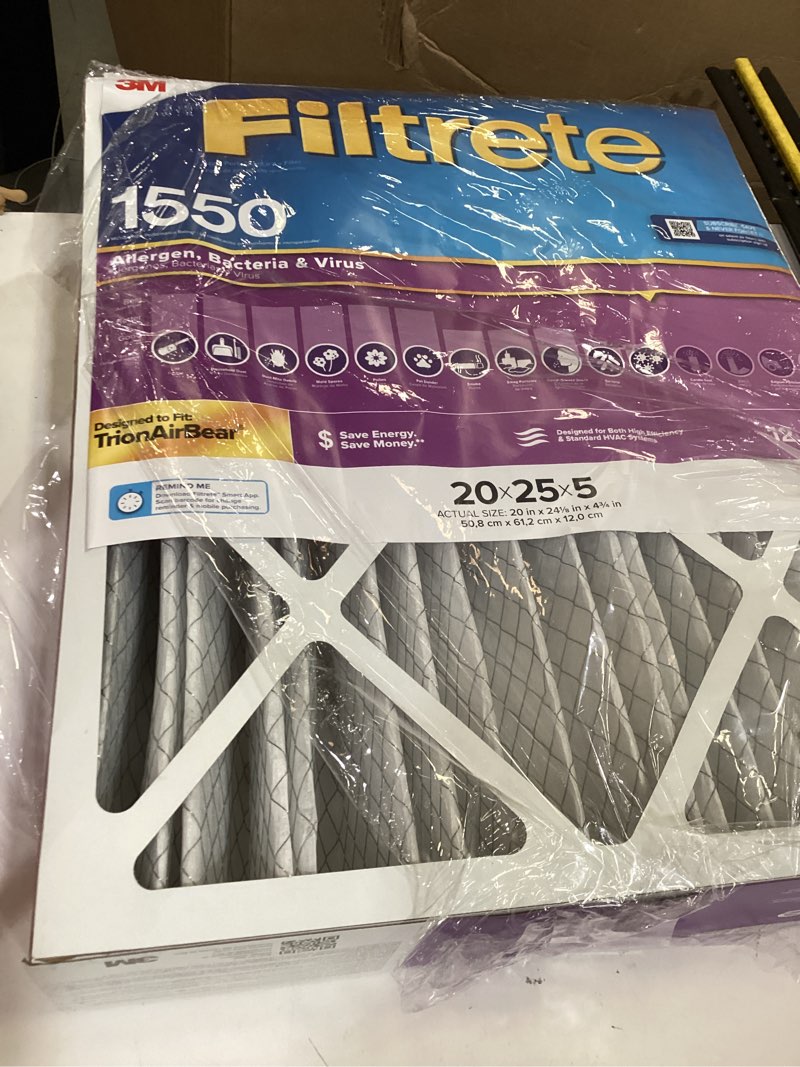 Condition photo showing As Is for filtrete 20-in w x 25-in l x 5-in merv 12 1550 mpr allergen, bacteria and virus electrostatic pleated air filter