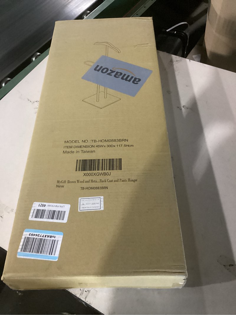 Condition photo showing New/Like New for mygift brown wood and metal valet and suit stand, executive men's garment organizer rack coat and pants hanger silvery