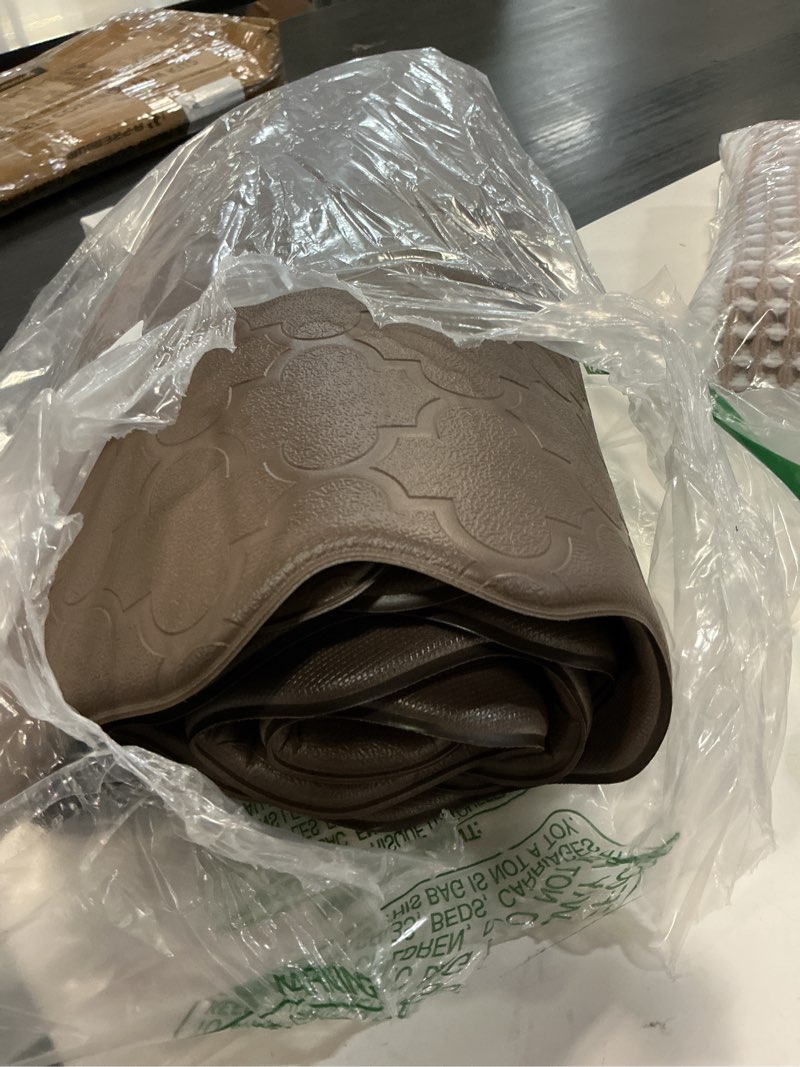 Condition photo showing Good Condition for arenarug upgrade scalloped embossed kitchen mats for floor 2pcs cushioned anti fatigue waterproof foam kitchen rugs non slip washable comfort standing mat for office sink laundry, brown basic solid- brown 17.3"x30"+17.3"x47"