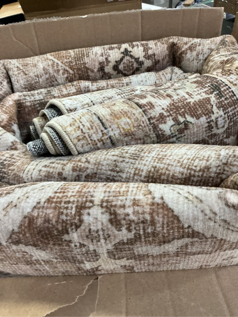 Condition photo showing Good Condition for washable 2x3 entryway rug, boho non-slip door mat vintage distress small rugs for kitchen nursery office bedroom, 0.3" neutral oriental throw carpet with cushioning pad, brown/white/multi brown/white/multi 2x3