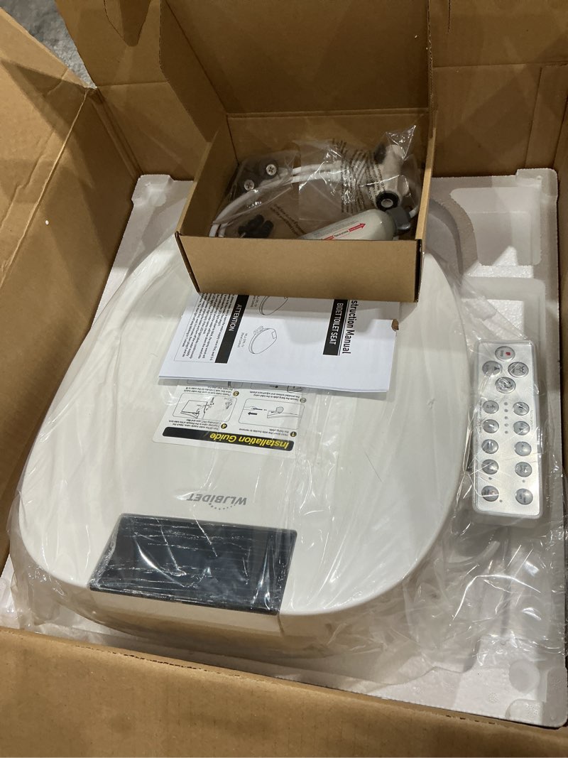 Condition photo showing As Is for toilet bidet seat, instant warm water, self-cleaning nozzle, multiple spraying modes, electric heated seat, warm air drying, soft closed lid, display screen, requires electricity, round