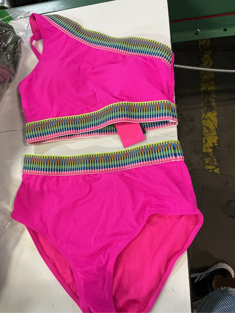Condition photo showing Good Condition for tempt me women high waisted bikini set one shoulder swimsuit two piece | colorblock trim,full coverage,removable push up bra,long line,one strap,asymmetrical small hot pink