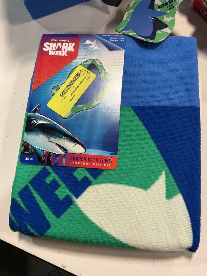 Condition photo showing New/Like New for discovery shark week kids shaped towel, microfiber, 37x58