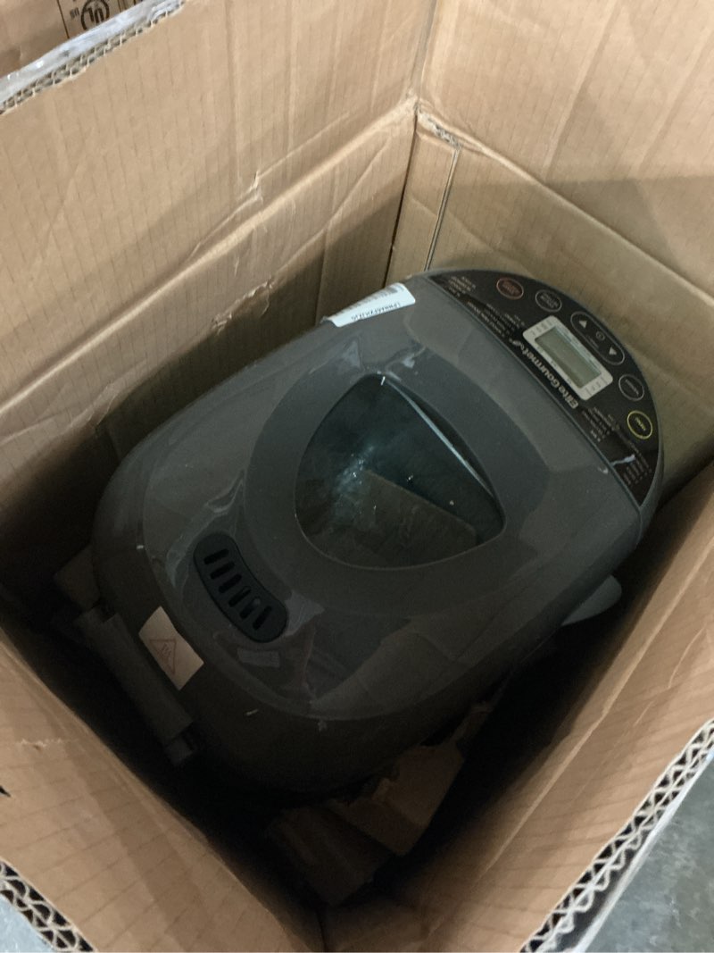 Condition photo showing As Is for elite gourmet programmable bread maker with pfas-free ceralast™ ceramic pan, 2 lb loaf, 19 presets incl. gluten-free, 3 sizes, delay timer, steel gray
