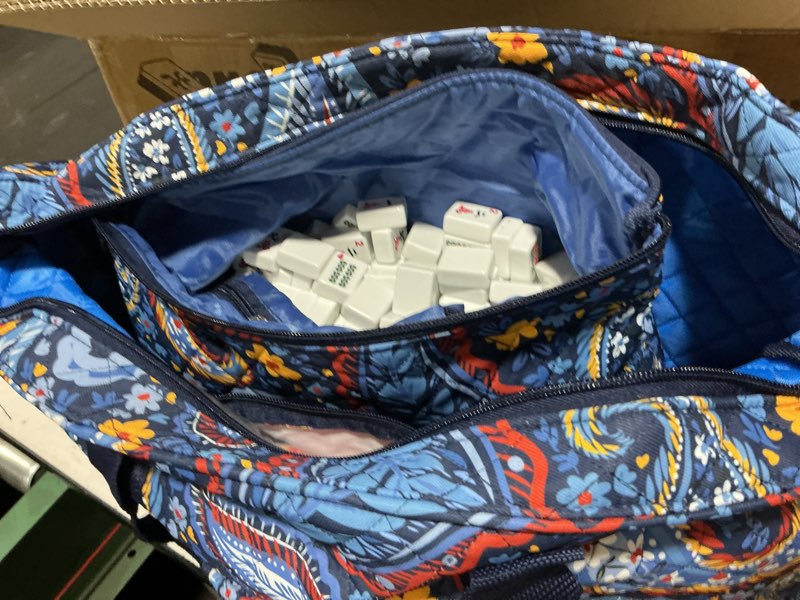 Condition photo showing As Is for american mahjong tile set with navy printed carrying bag, 166 premium white tiles, 4 all-in-one color racks/pushers, mah jongg sets, complete mahjong game set for travel