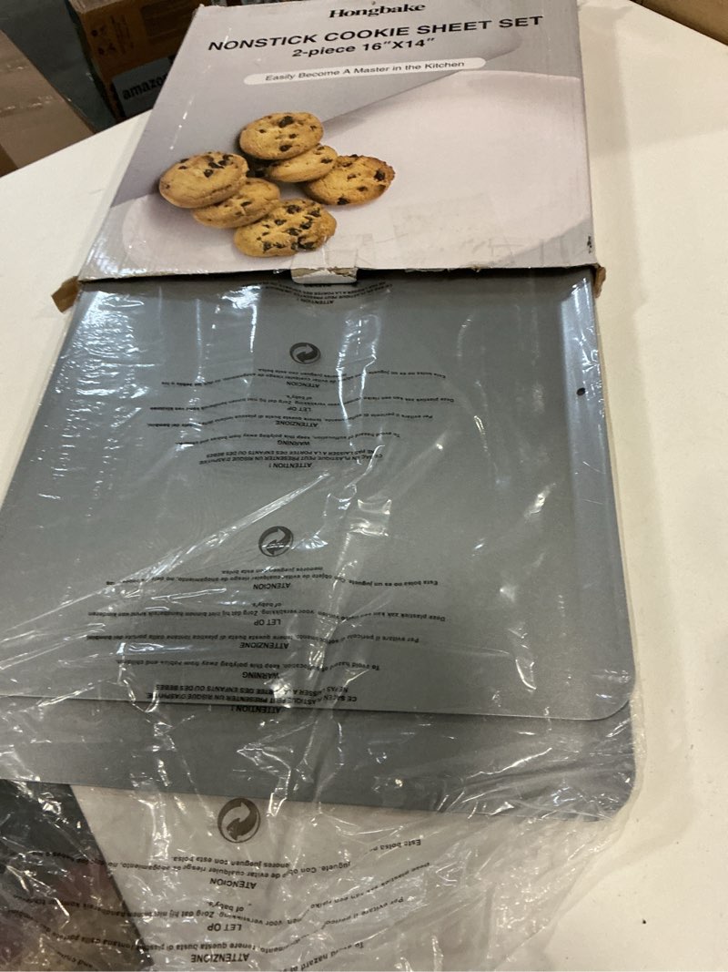 Condition photo showing Good Condition for HONGBAKE 2 Pieces Large Flat Cookie Sheet No Edges, Nonstick Insulated Baking Pan, Commercial Oven Trays for Cooking, 16" X 14", Grey Large (16" X 14") Light Grey