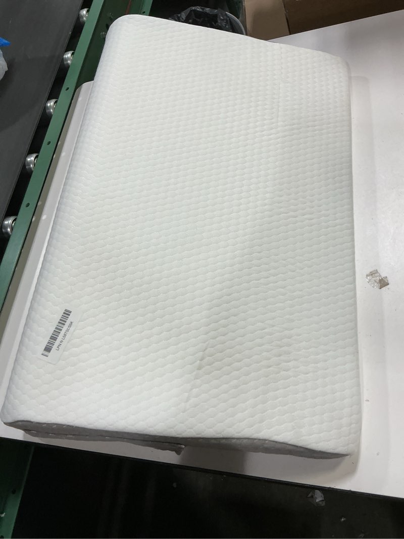 Condition photo showing As Is for Bedluxe Knee Pillow for Back Sleeping, Leg Pillow Knee Wedge Pillow, Memory Foam Wedge Pillows for Legs Post Surgery, Triangle Pillow for Knee Support, Leg Elevation, Knees Hip Back Pain Relief, White 23.6*18.9*7.9 Inch White/Grey