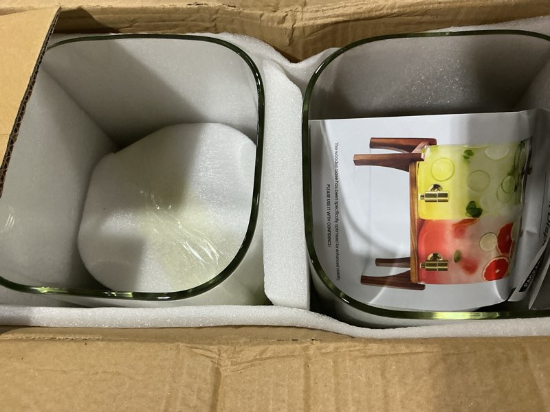 Condition photo showing Good Condition for 2 pack 1.5 gallon square glass drink dispenser with wooden stand & lid, large beverage dispenser with stainless steel spigot, juice & lemonade dispenser for parties, iced tea, water, space-saving