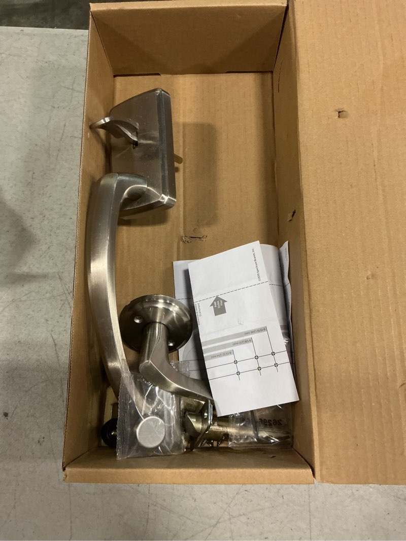 Condition photo showing As Is for brentford satin nickel exterior grip door handleset with sedona door handle with microban antimicrobial technology