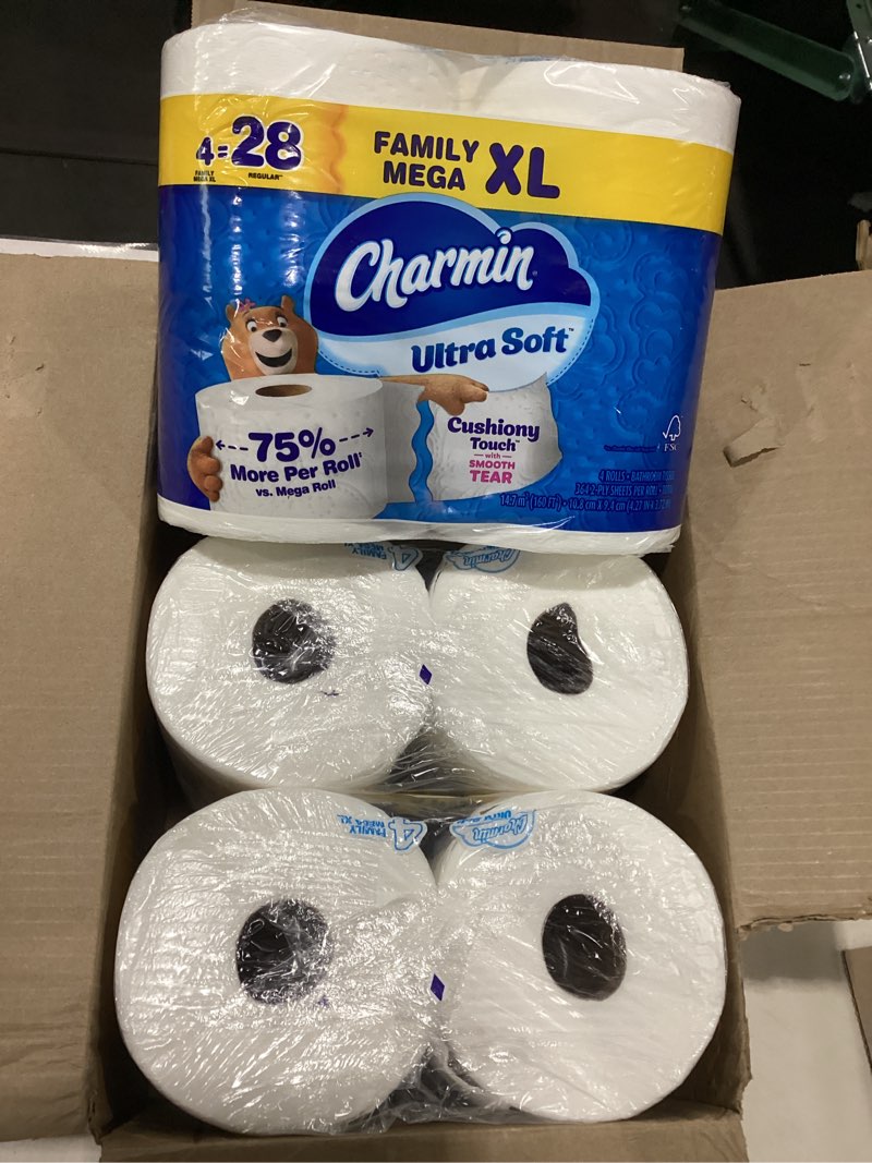 Condition photo showing As Is for charmin ultra soft cushiony touch toilet paper, 12 family mega xl rolls = 84 regular rolls family mega xl 12 rolls (364 sheets)