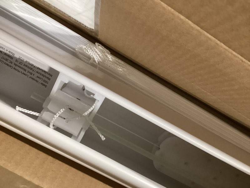 Condition photo showing Good Condition for allen + roth trim at home 2-in slat width 23-in x 42-in cordless white faux wood room darkening horizontal blinds