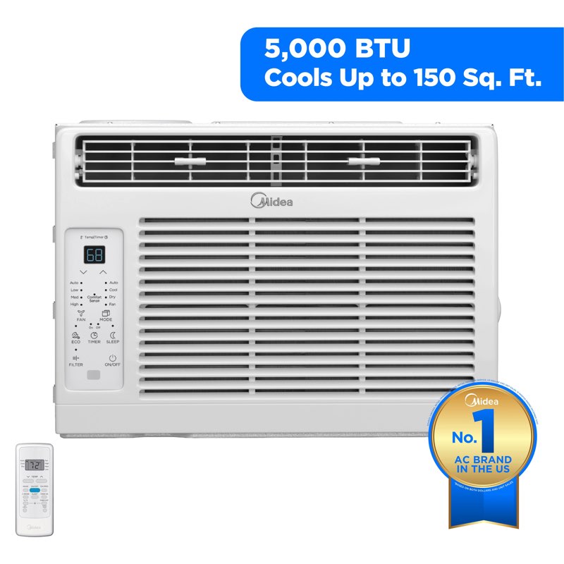 midea 5,000 btu window air conditioner with remote control and timer, cools up to 150 sq ft