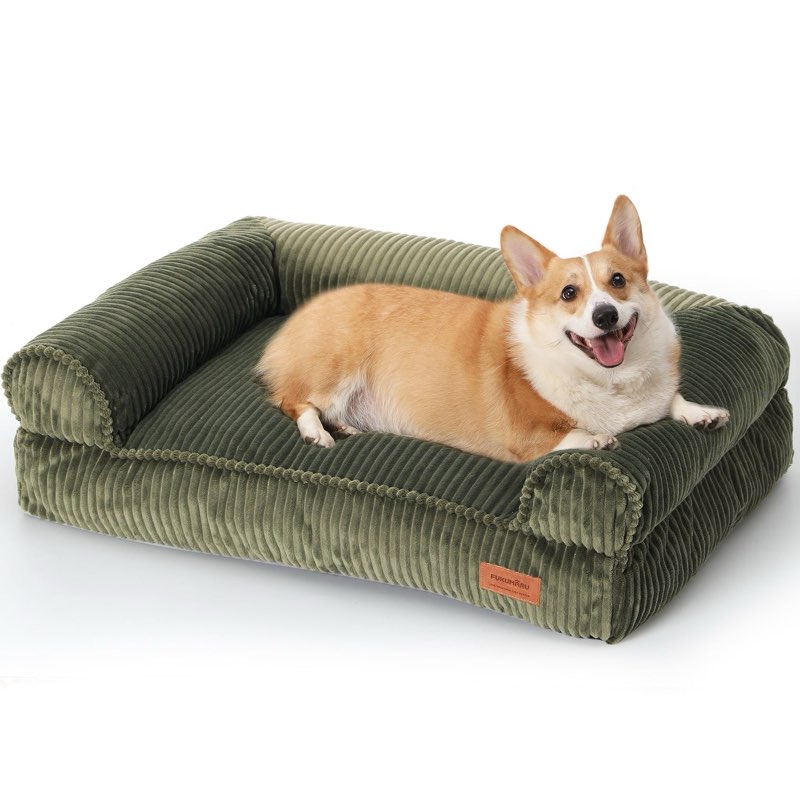 FUKUMARU Cat Couch Bed, Corduroy Cozy Cat Bed for Indoor Cats with Removable Washable Cover, Supportive Small Dogs, 27inch, Medium, Green