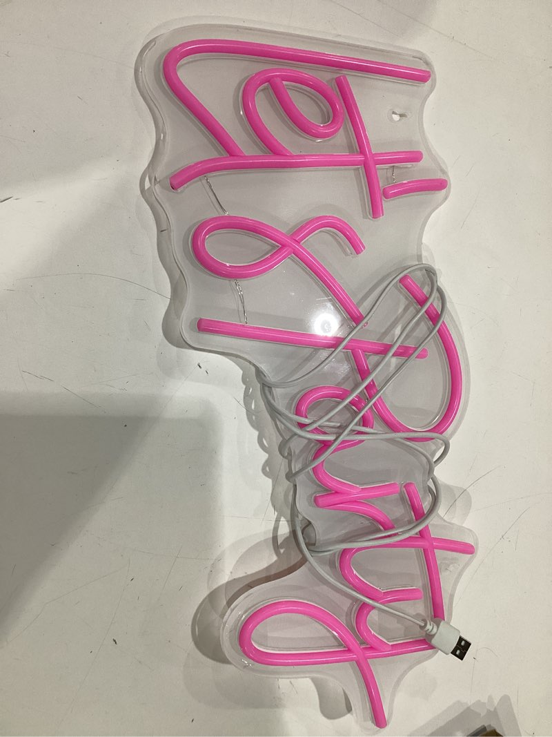 Condition photo showing New/Like New for let's party neon sign, led dimmable let's party light up sign neon light signs for wall decor art decorative lights for birthday, wedding, bachelorette, engagement party decorations 15.91x7.09 pink pink-let's party