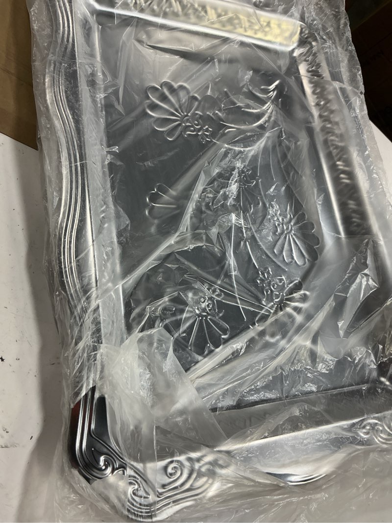 Condition photo showing Good Condition for 4 pack 21.6" x 14.6" large silver serving trays for dessert table stainless steel silver platters floral engraved mirror serving platters for wedding, desserts, party food display (classic)